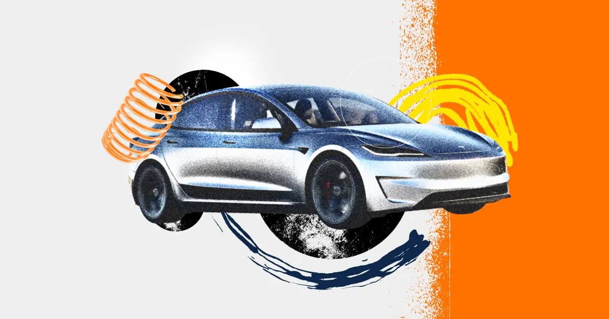 A silver electric car with black wheels and orange springs on a white and orange background.