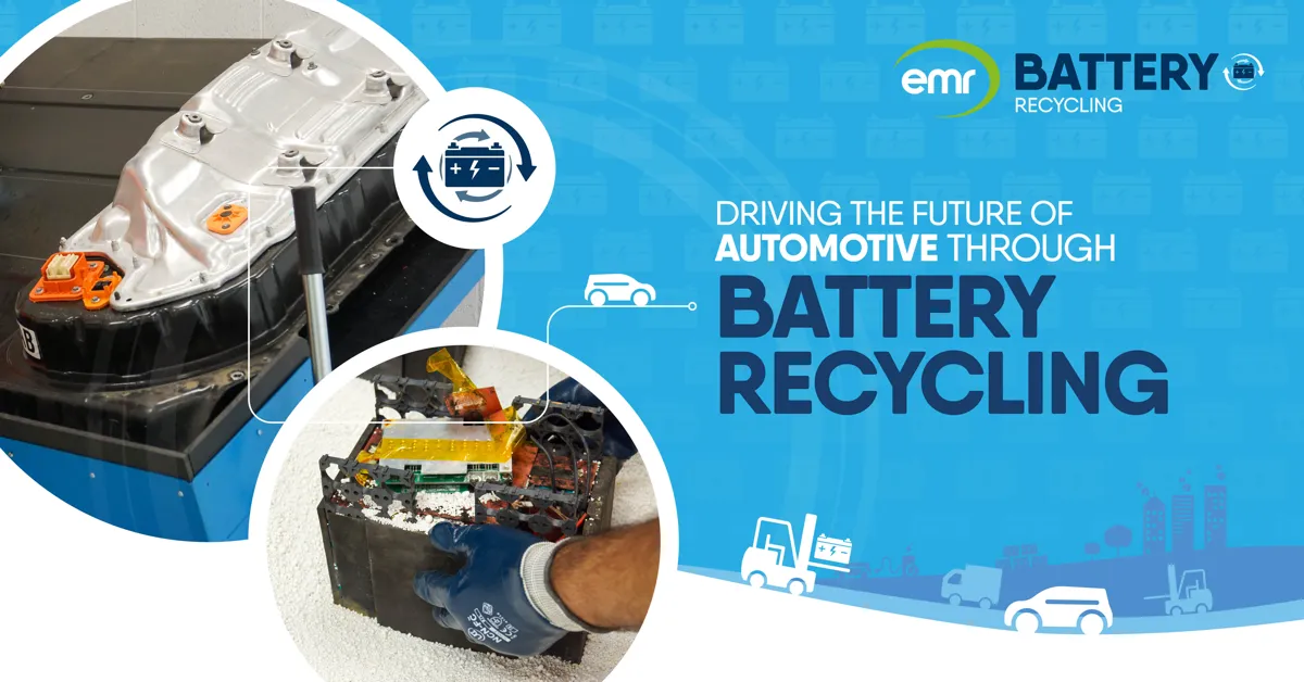 The background has a blue-green gradient with abstract shapes representing electronic devices or energy flows. At the top right corner, there's a graphic element resembling a factory smoke stack with the text EV BATTERY PRODUCTION.