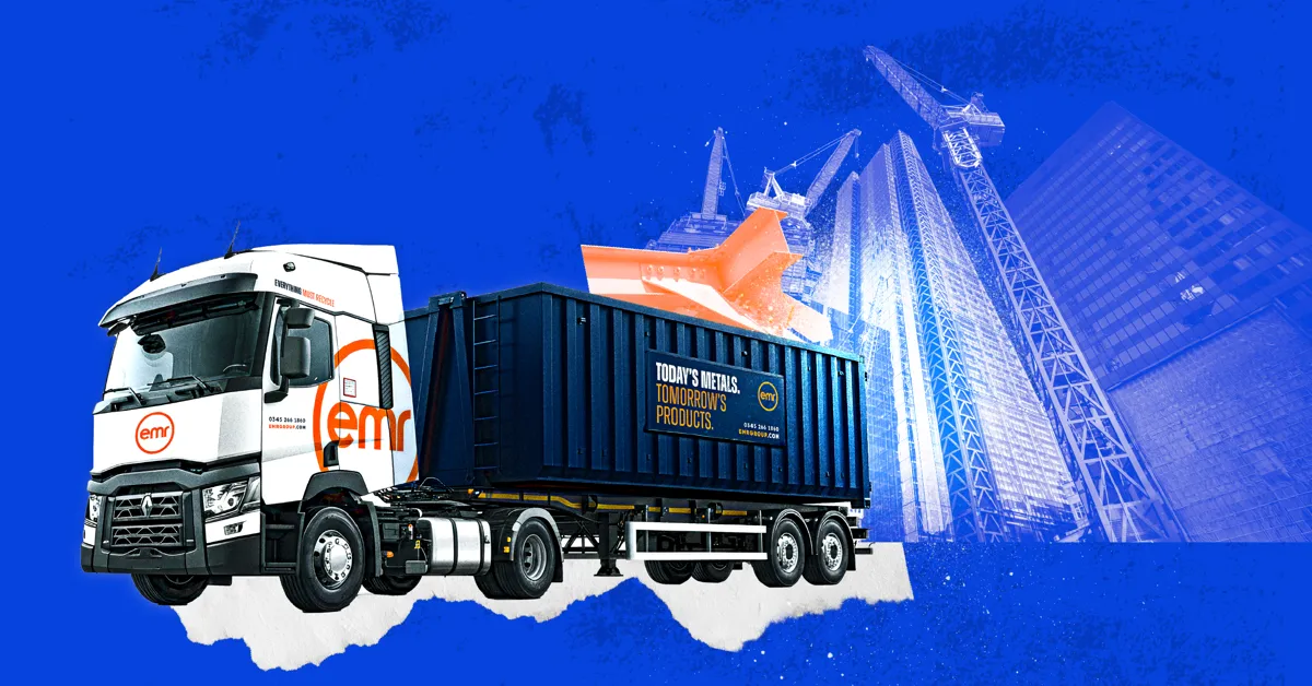 A white truck with a blue container on a blue background.