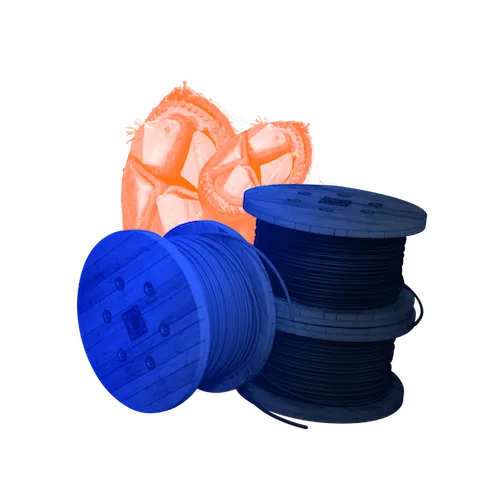 Two spools of blue and black cable next to an orange net.
