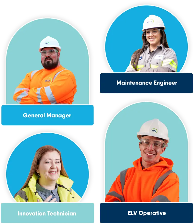 Four team members pictured: Global Marketing Assistant, General Manager, Yard Operative & Innovation Technician. Candid portraits for recruitment.