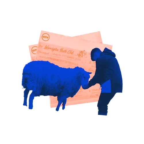 A blue-shaded child feeding a sheep.
