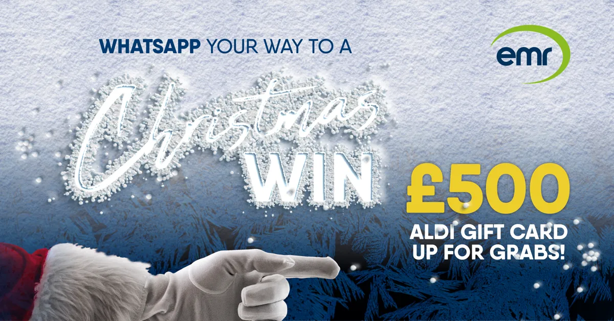 Father Christmas pointing at the sentence: WhatsApp your way to a Christmas win