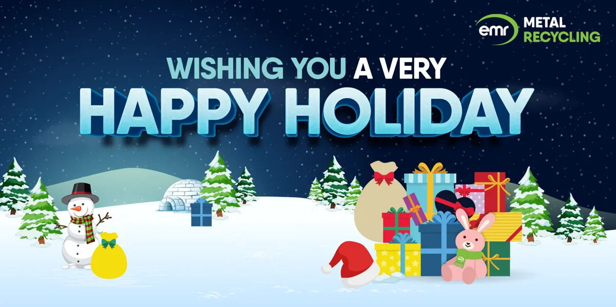 An outdoor Christmas scene. Snow falling from the sky, a happy snowman on the left and a pile of presents on the right.