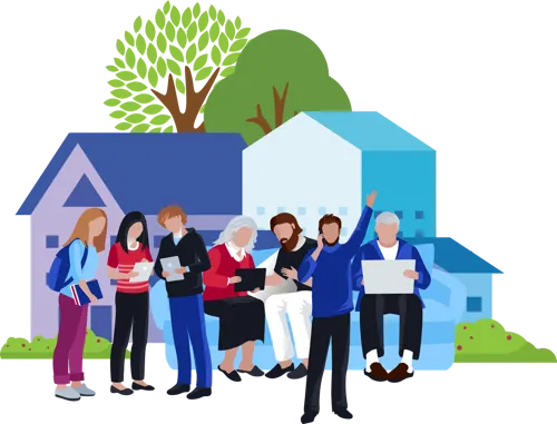 Illustration montage of people standing in front of a building, with trees in the background. The people are doing a variety of actions including looking at phones, waving, and reading.
