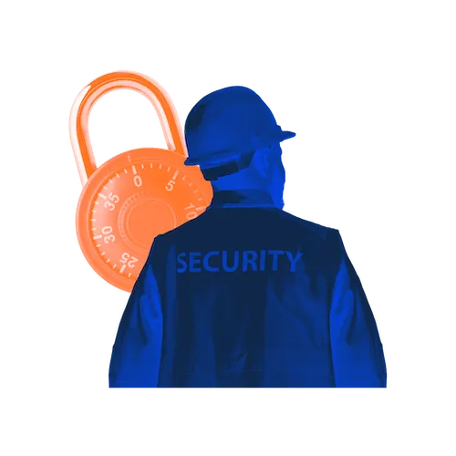 A person in a blue security vest and cap stands in front of an orange padlock.