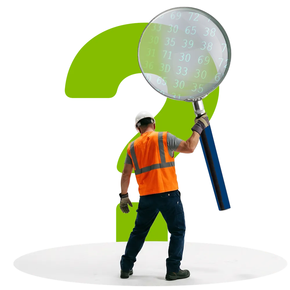 A person in a hard hat and safety vest holding a magnifying glass over numbers.