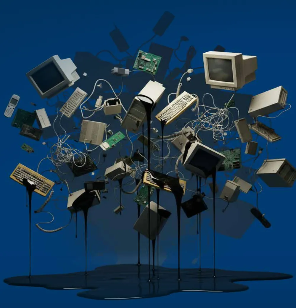 Electronic items falling onto a pile. Including CRT monitors, keyboards, and printed circuit boards.