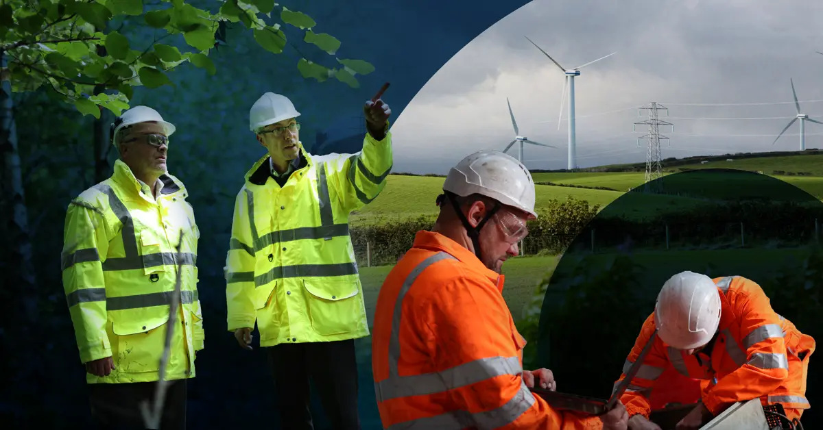 A group of construction workers in a rural landscape. In the background, a wind farm with multiple wind turbines is visible under a cloudy sky. In the foreground, three workers are examining the area, with one pointing with a finger, one reviewing notes, and another taking notes himself.
