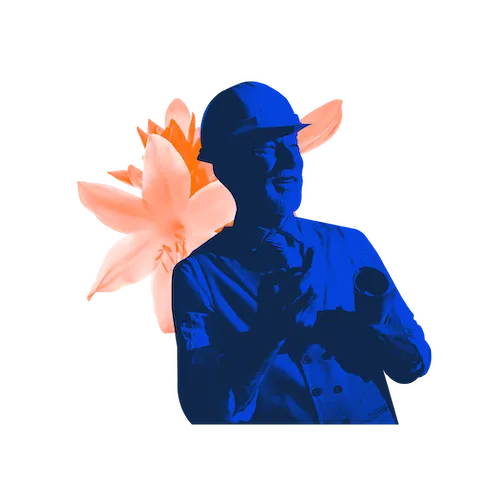 A blue silhouette of a person holding a cup with a pink flower behind them.