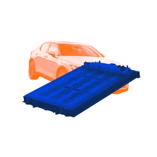 A blue-shaded ev battery in front of an orange-shaded car.