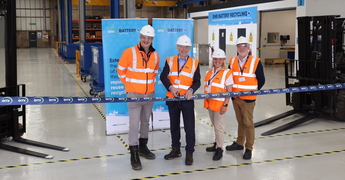 (l-r) Chris Sheppard, Chief Executive of EMR, Julian Hetherington, Automotive Transformation Director at the APC, Helen Waters, Head of Electric Battery Recycling at EMR, Tony Harper Challenge Director for the Faraday Battery Challenge at UKRI