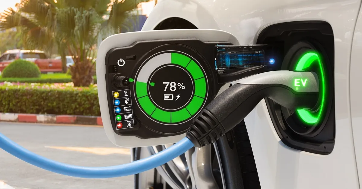 An electric vehicle charging at a station, showing a 78% charge level.