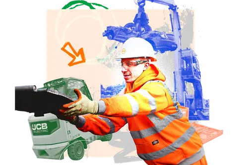 A person in a hard hat and safety vest holding a jackhammer near construction equipment.