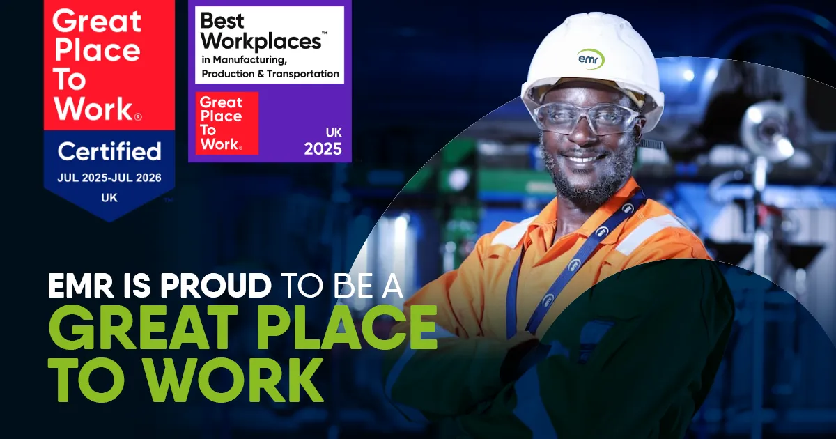 Great Place to Work logo, Best Workplaces logo, and person on the right wearing hard hat and smiling.