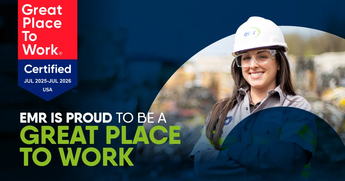 Left: Great Place to Work logo. Right: A person wearing a hard hat and smiling at the camera