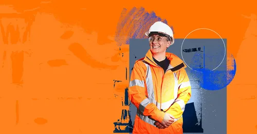A person in a hard hat and high-visibility jacket smiling and standing in front of an orange background.