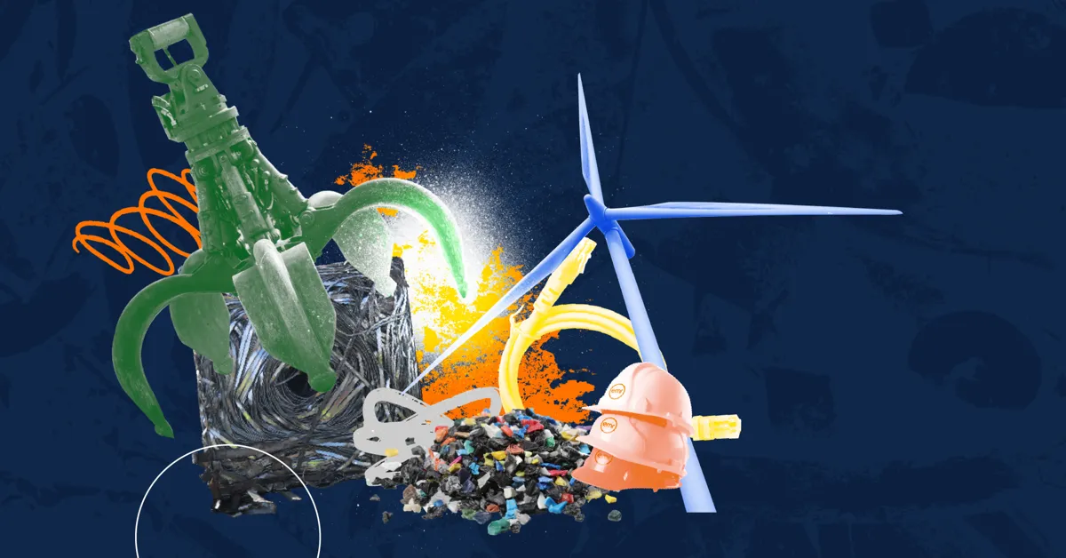 A collage of recycling symbols on a blue background.