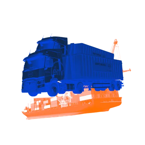 A blue truck on an orange ship.