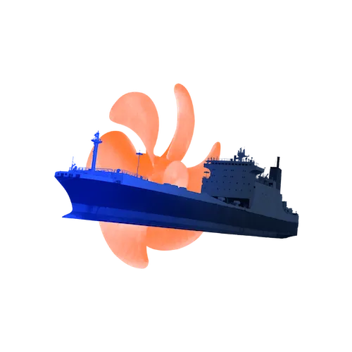 A blue ship with an orange propeller on a white background.
