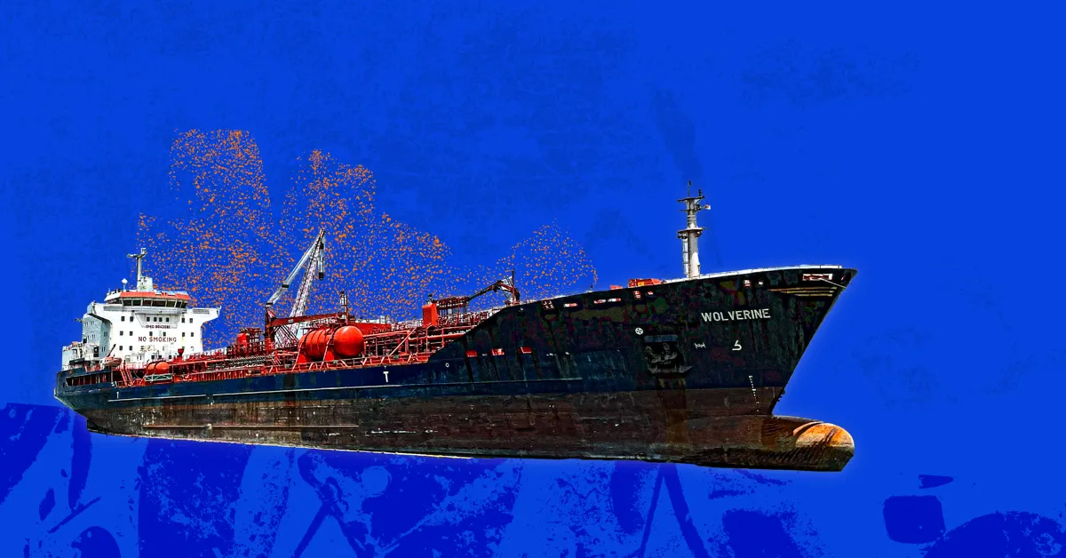 A black and red ship with orange cranes and smoke on a blue background.