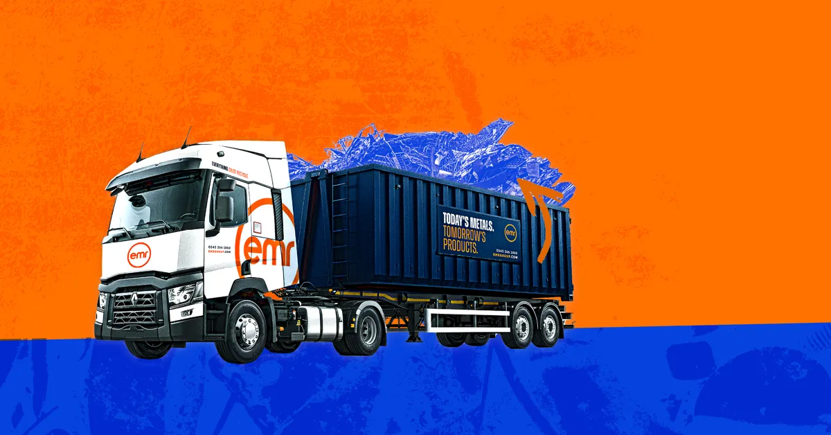A white truck with a blue trailer carrying blue metal pieces on an orange and blue background.