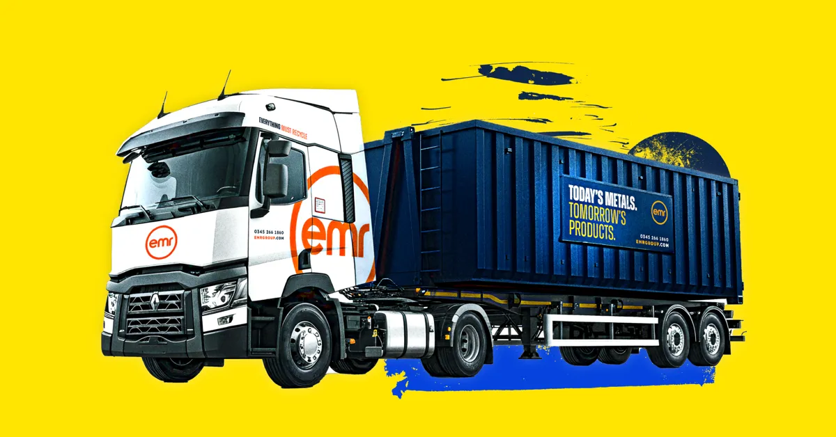 A white truck with a blue trailer on a yellow background. The trailer has text on it.