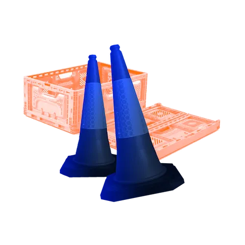Two blue traffic cones and an orange plastic crate on a white background.