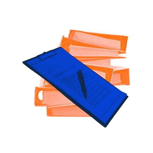 A blue clipboard with a pen on top of a stack of orange folders.