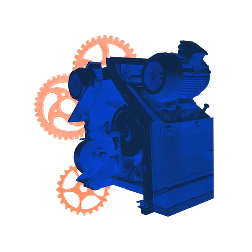 Blue industrial machine with orange gears on a white background.