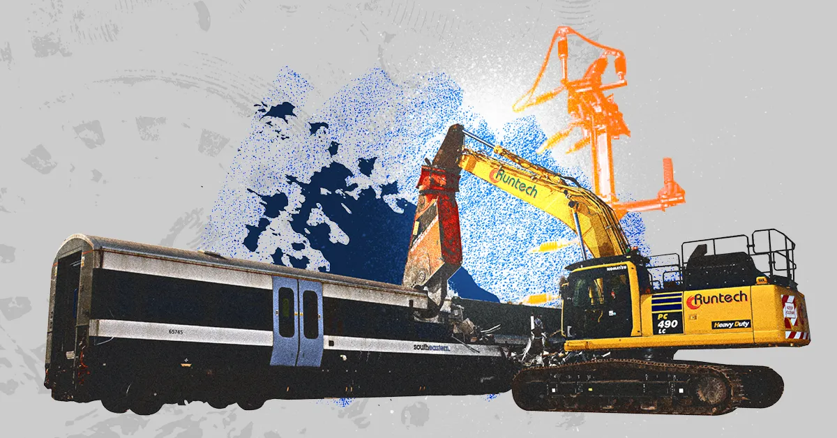 A collage of a train, an excavator, and power lines on a grey background.