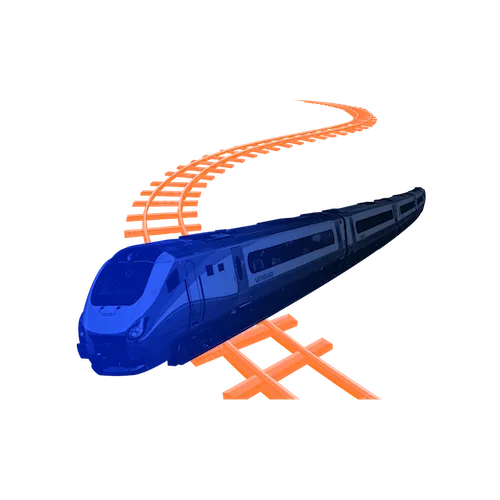 A blue train on an orange track