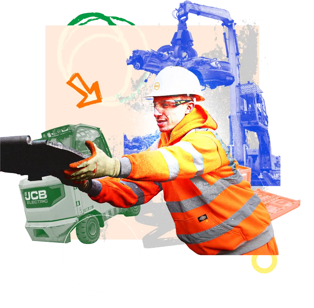 A person in a hard hat and safety vest using a green electric tool on a construction site.