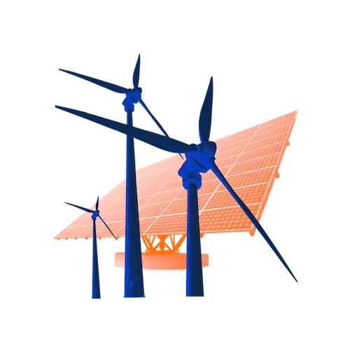 Blue wind turbines with orange solar panels behind them