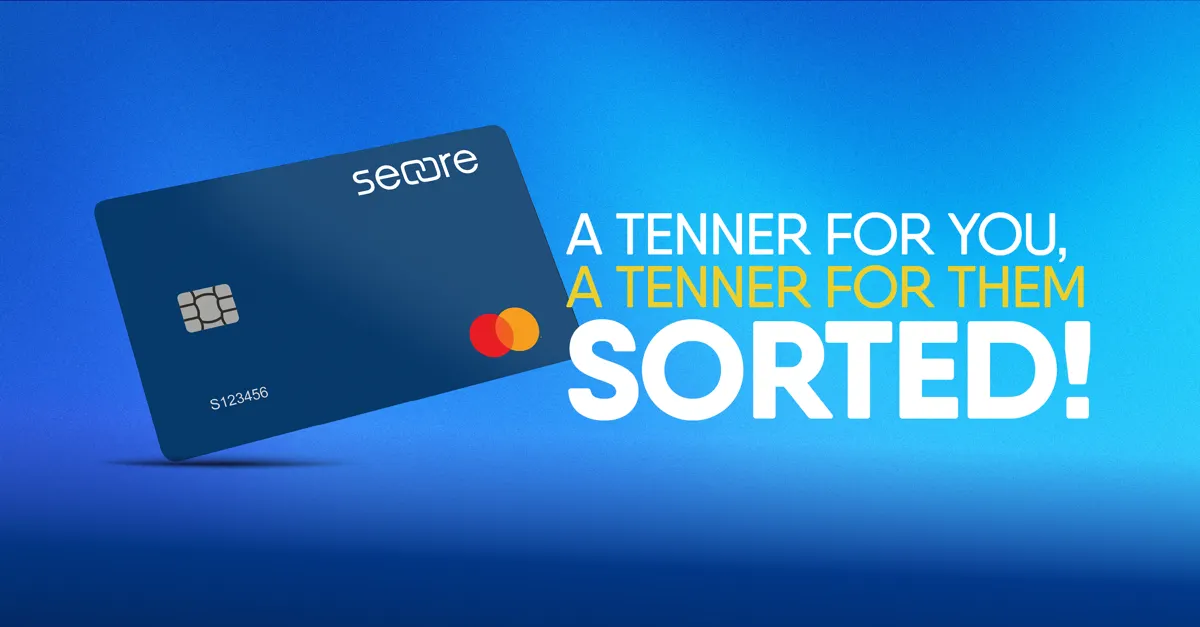 Prepaid card on the left. Heading on the right saying "A tenner for you. A tenner for them. Sorted."