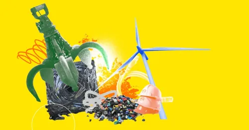 A collage of recycling symbols and items on a yellow background.