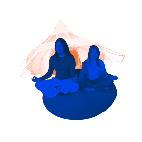 Two people meditating in front of a tent.