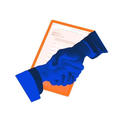Two hand shaking in blue. Behind is an official looking document.