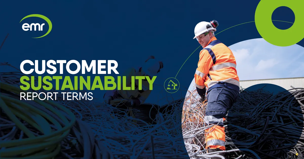 Person in a high-visibility orange and navy uniform with a white hard hat standing among piles of tangled cables. A green circular graphic overlays part of the background.