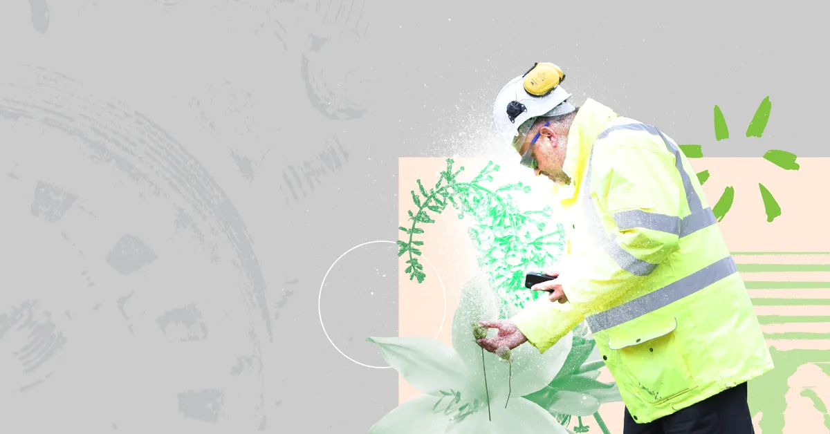 A construction worker in a high-visibility jacket and hard hat using a smartphone near a green plant.