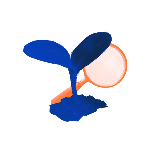 An illustration of a blue plant sprouting from orange soil.
