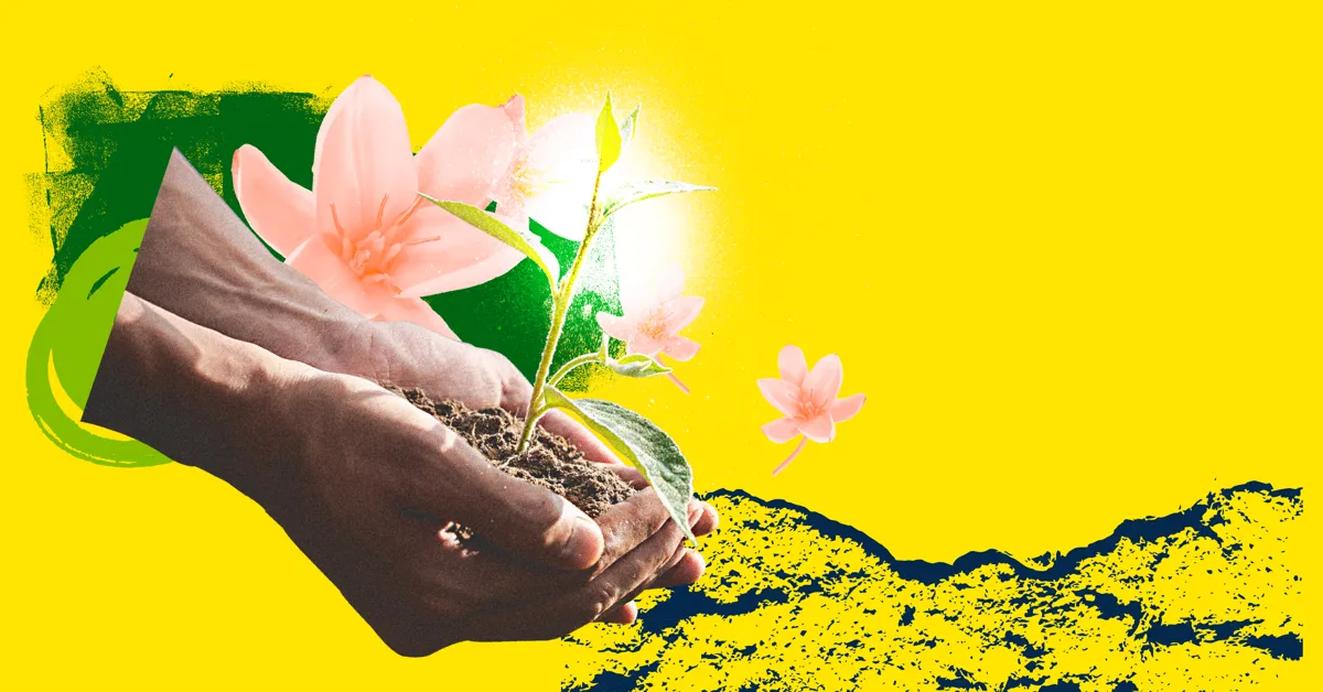 A person holding a plant in soil against a yellow background.
