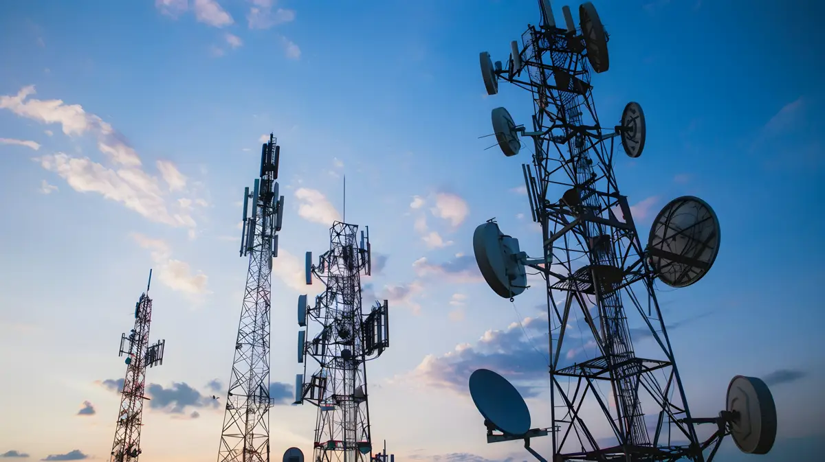 Telecom masts against a cloudy sky