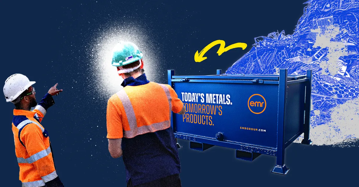 Two construction workers in high-visibility clothing standing next to a blue metal container.