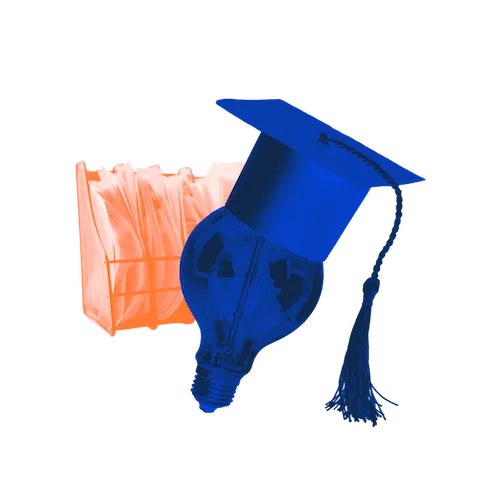 A blue graduation cap on a light bulb next to an orange folder.