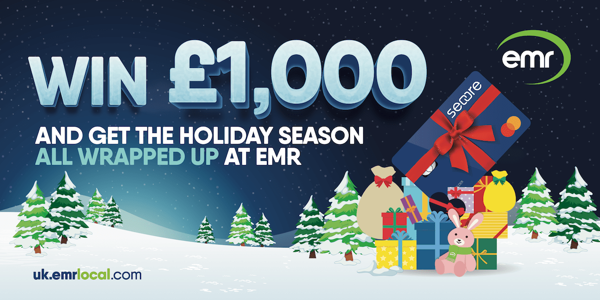 Drawing of a stack of presents, with snow falling.