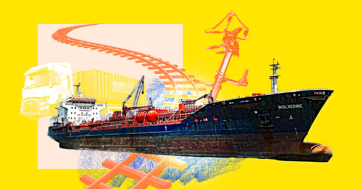 A digital collage of a cargo ship, a truck, and a shipping container on a yellow background.
