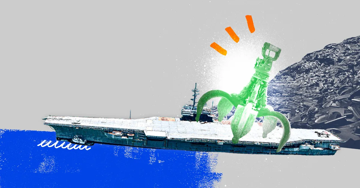 A digital collage of a ship on a blue ocean with a green claw machine on top.