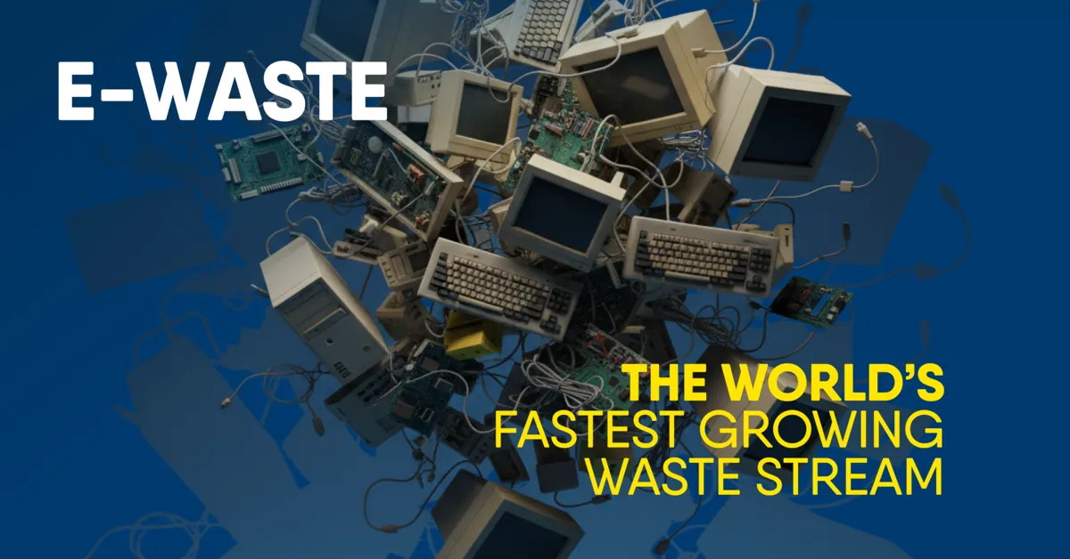 monitors, keyboards, old PCs, and motherboards falling from the sky.